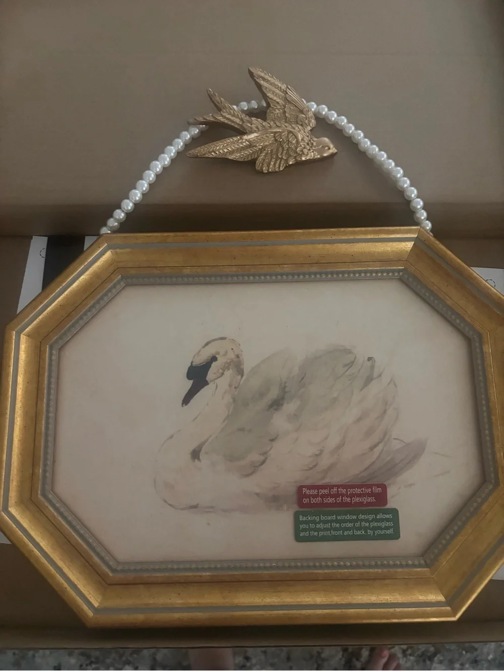 Gold Octagonal Framed Swan Art with Pearl Bead Hanger